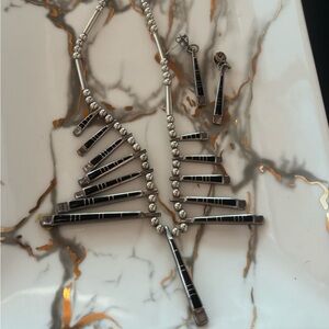 traditional VTG Navajo necklace! 13 silver  pendants Black Gem inlay.